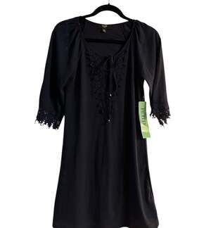 NWT Ladies Naif Petite Navy Blue V-Neck Tunic Dress with Lace Trim Details